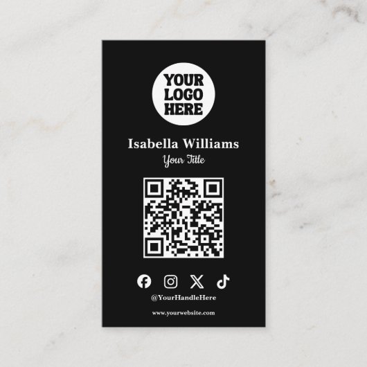 Your Logo Here Black Modern | Simple QR Code 名刺 (正面)