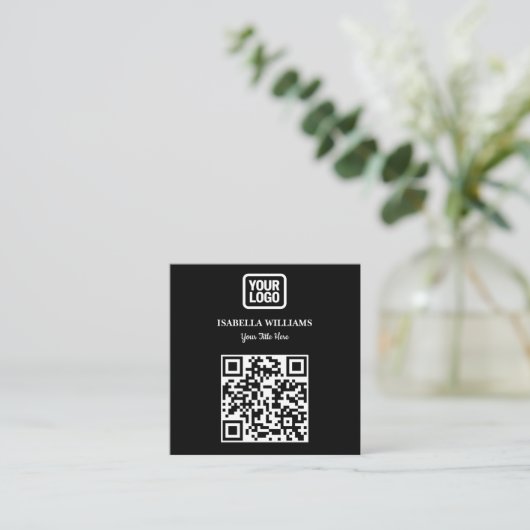 Your Logo Here Simple Modern Black Website QR Code スクエア名刺 (スタンド正面)