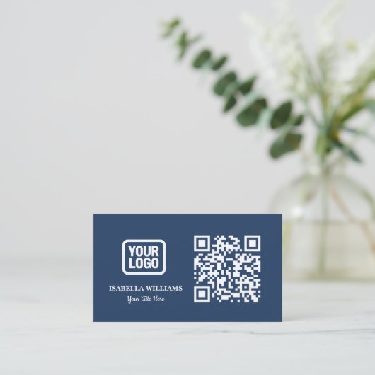 Your Logo Here Simple Modern Navy Blue QR Code 名刺 (スタンド正面)