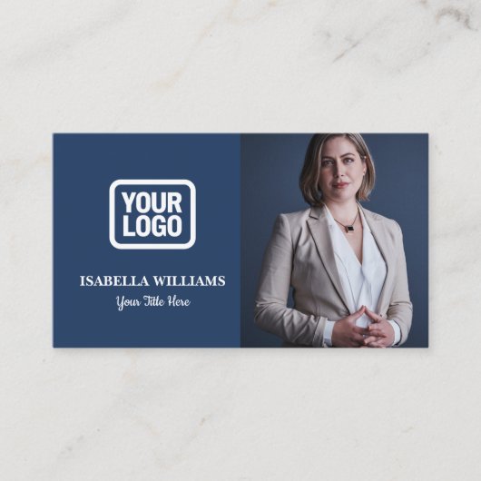 Your Logo Here Simple Modern Photo Navy Blue 名刺 (正面)
