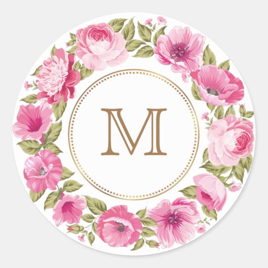 Your Monogram in a Flower Frameスタンプ ラウンドシール (正面)