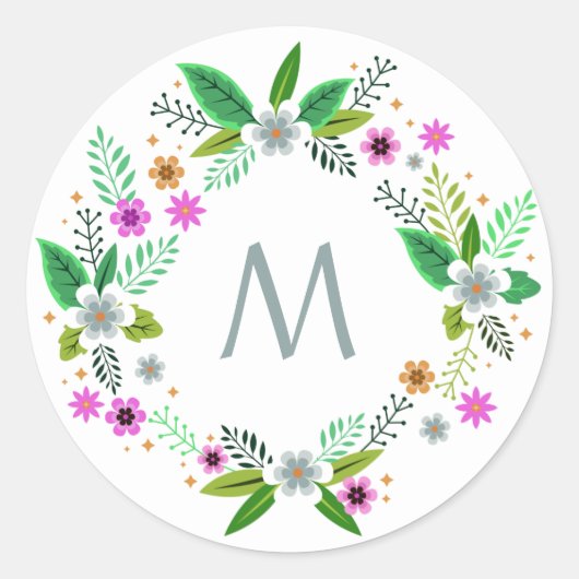 Your Monogram in a Flower Frameスタンプ ラウンドシール (正面)