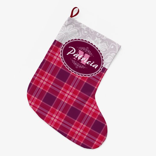 YOUR MONOGRAM ON LACE & PINK TARTAN PLAID PATTERN ラージクリスマスストッキング (正面 (吊り時))