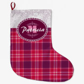 YOUR MONOGRAM ON LACE & PINK TARTAN PLAID PATTERN ラージクリスマスストッキング (正面)