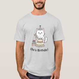 "Your name" Festive Birthday Cat with Cake Graphic Tシャツ