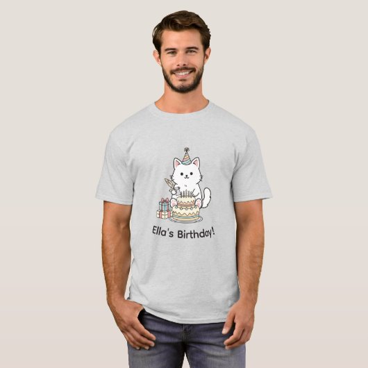 "Your name" Festive Birthday Cat with Cake Graphic Tシャツ (正面フル)