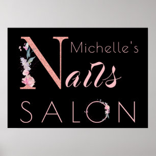Your name nails salon floral glitter pink black ポスター