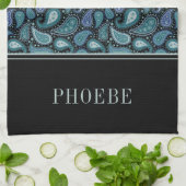 Your Name On Elegantレトロブルーペイズリーパターン キッチンタオル (折り畳み)