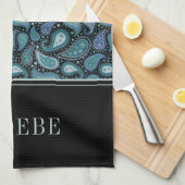 Your Name On Elegantレトロブルーペイズリーパターン キッチンタオル (四つ折り)