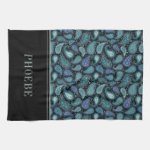 Your Name On Elegantレトロブルーペイズリーパターン キッチンタオル (横)