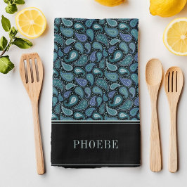 Your Name On Elegantレトロブルーペイズリーパターン キッチンタオル