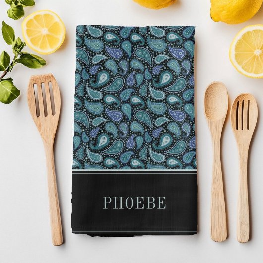 Your Name On Elegantレトロブルーペイズリーパターン キッチンタオル