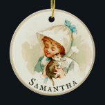 Your Name Vintage Girl Kitten Christmas Cat Lover セラミックオーナメント<br><div class="desc">Vintage illustration of a girl with a blue dress and hat holding a tiny grey kitten. Personalize with your name or Christmas message. Great choice for your favorite cat lover!</div>