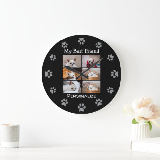 Your pet dog custom photo collage best friend name ラージ壁時計