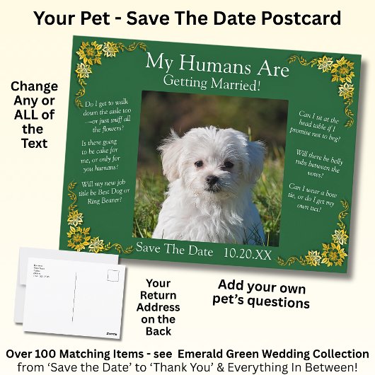 Your Pet Photo Save The Date Emerald Green & Gold ポストカード