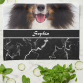 Your Pet's Photo フェイク On Black Marble & Name キッチンタオル (折り畳み)
