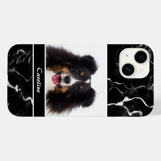 Your Pet's Photo フェイク On Black Marble & Name Case-Mate iPhoneケース (裏面 (横))