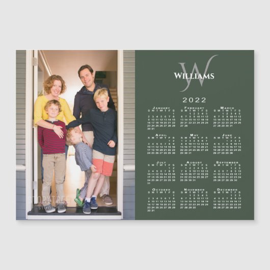 Your Photo 2022 Calendar Monogram Name on Green (正面)