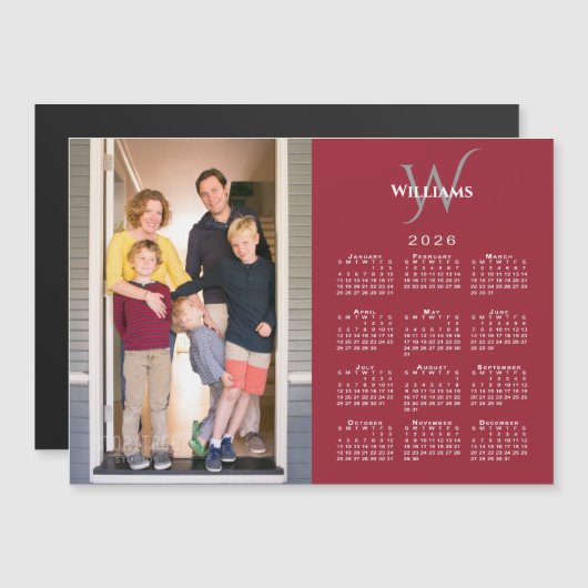 Your Photo 2026 Calendar Monogram Name Red Magnet (正面/裏面)