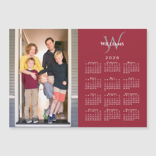 Your Photo 2026 Calendar Monogram Name Red Magnet (正面)