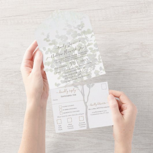 Your Photo Eucalyptusツリー金ゴールド幾何学模様 オールインワン招待状 (貼ってはがせる)