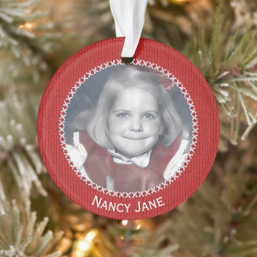 Your Photo Red Knit Pattern Picture Frame オーナメント (ツリー)