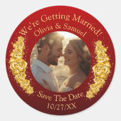 Your Photo, Save The Date, Gold Flowers Maroon Red ラウンドシール (正面)