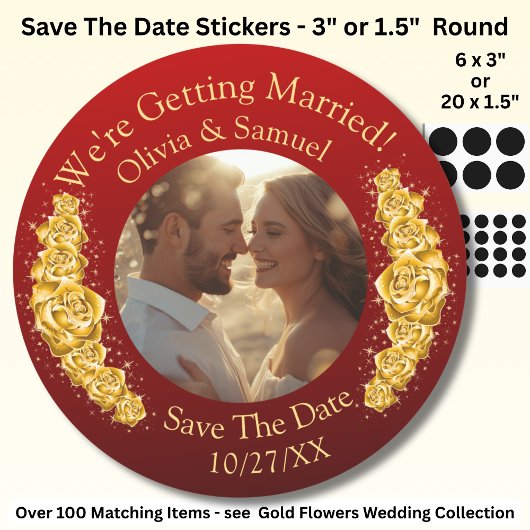 Your Photo, Save The Date, Gold Flowers Maroon Red ラウンドシール
