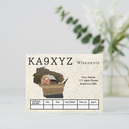 Your Photo Wisconsinの形をした切り出しカスタムQSL ポストカード (スタンド正面)