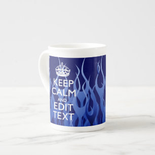 Your text on 保 Calm on Navy  Blue Racing Flames ボーンチャイナマグカップ