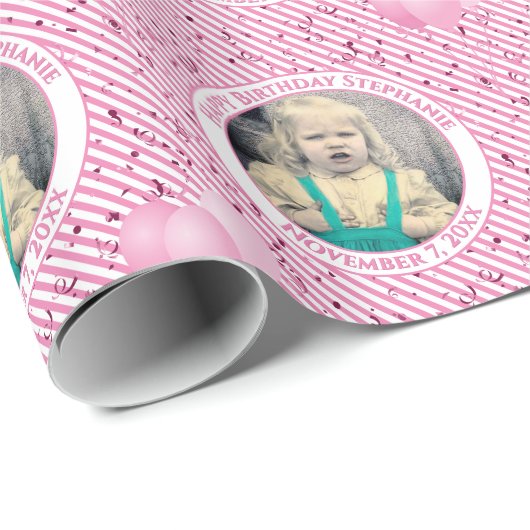 Your Text.Photo Pink/White シンプルストライプ Options ラッピングペーパー (ロールコーナー)