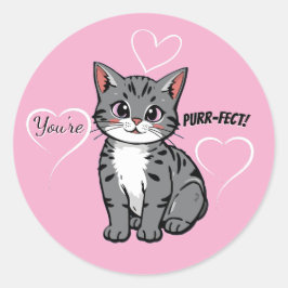 You're Purr-fect Animated Cat and Hearts Pink ラウンドシール