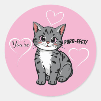 You're Purr-fect Animated Cat and Hearts Pink ラウンドシール