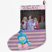 YourPic/文字パープルピンクローズ金ゴールドストライプ雪だるま ラージクリスマスストッキング (裏面)