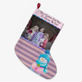 YourPic/文字パープルピンクローズ金ゴールドストライプ雪だるま ラージクリスマスストッキング (正面 (吊り時))