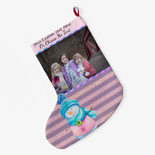 YourPic/文字パープルピンクローズ金ゴールドストライプ雪だるま ラージクリスマスストッキング (裏面 (吊り時))