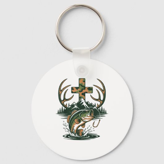 Youth Camo Faith Hunting Fishing Cross Fisherman C キーホルダー (正面)