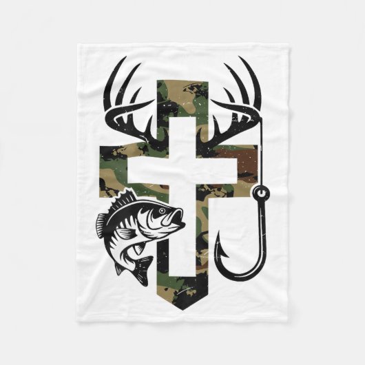 Youth Camo Faith Hunting Fishing Cross Hook Christ フリースブランケット (正面)