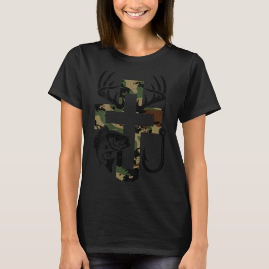Youth Camo Faith Hunting Fishing Cross Hook Christ Tシャツ (正面)