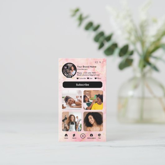 YouTubeピンク大理石インフルエンサーVloggerクリエーターQR 名刺 (スタンド正面)