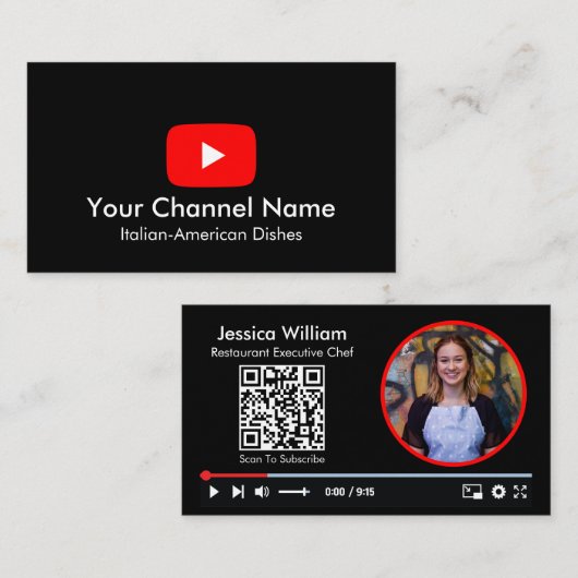 Youtube Vlogger Channel With QR Code Black 名刺 (正面/裏面)