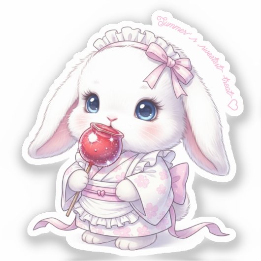 Yukata Bunny with Apple Candy - Pink Pastel Ribbon シール (正面)