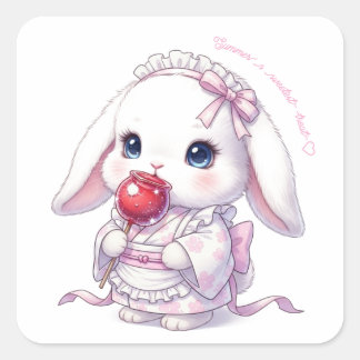 Yukata Bunny with Apple Candy - Pink Pastel Ribbon スクエアシール