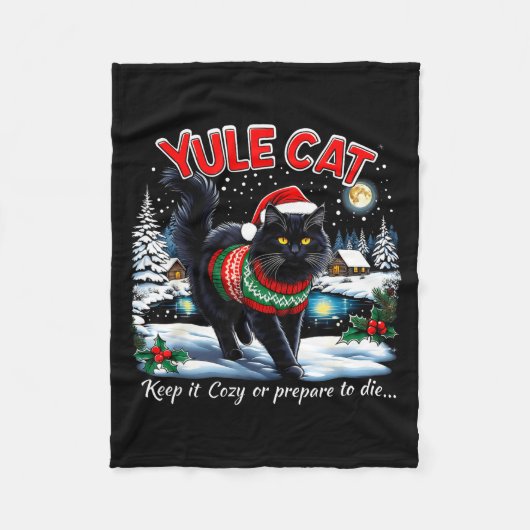 Yule Cat Keep It Cozy Funny Christmas Quote  フリースブランケット (正面)