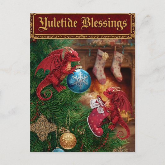 Yuletide Blessings Fantasy Dragon Christmas シーズンポストカード (正面)