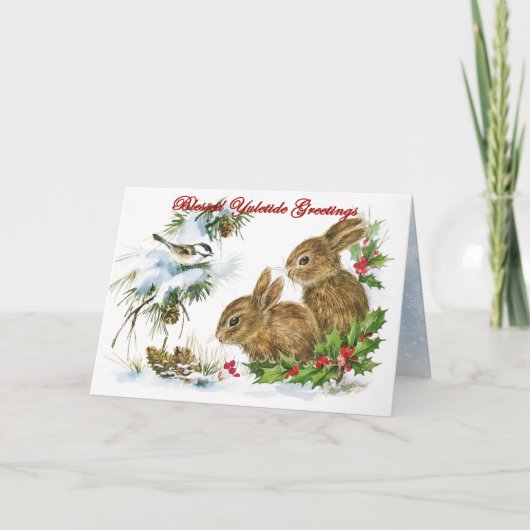 Yuletide Greetings Woodland Rabbits in Snow シーズンカード (正面)