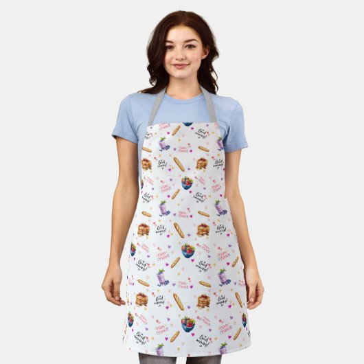 Yum Yum Morning Breakfast Pattern Apron エプロン (着用した状態)