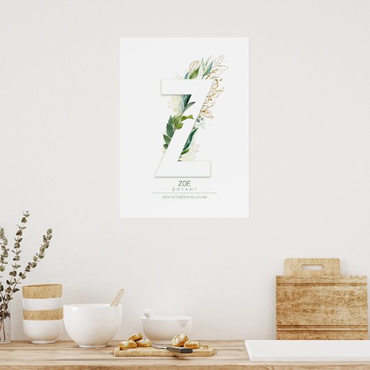 Zのアルファベット モノグラム ゴールド グリーンの葉 夢のような ポスター (キッチン)