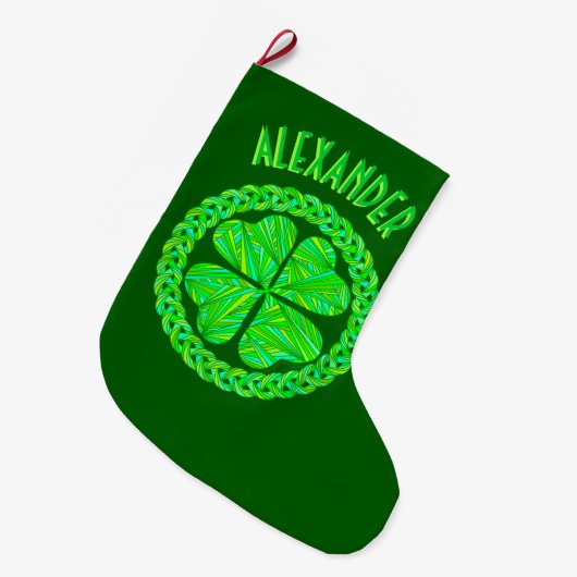 Zの幸運なケルト族のシャムロック4の葉のクローバーの緑 ラージクリスマスストッキング (正面 (吊り時))
