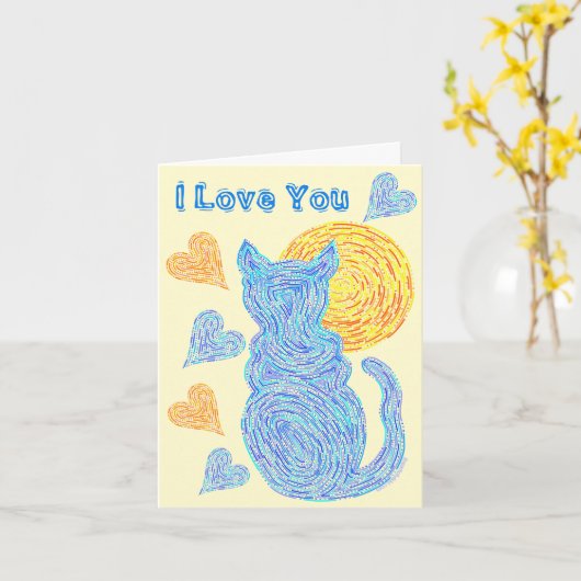 Zの青猫および月の猫好き記念日 カード (黄色い花)